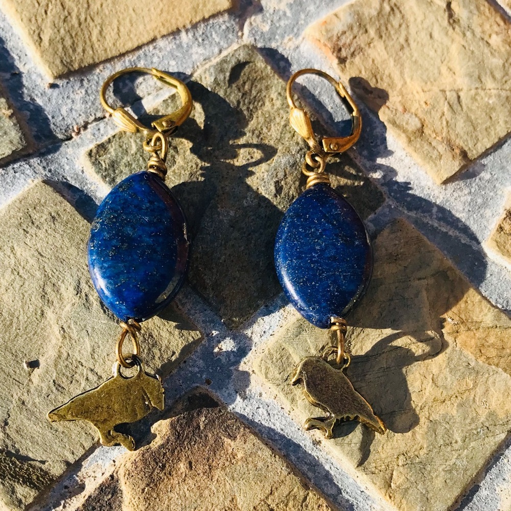 Genuine Lapis Lazuli and Bird Fetish Earrings